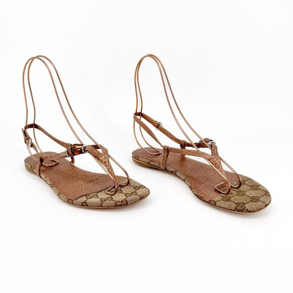 Gucci Bamboo GG Flat Thong Sandals Size 36 US 6 Beige Monogram Canvas Flop Flop - Picture 1 of 13